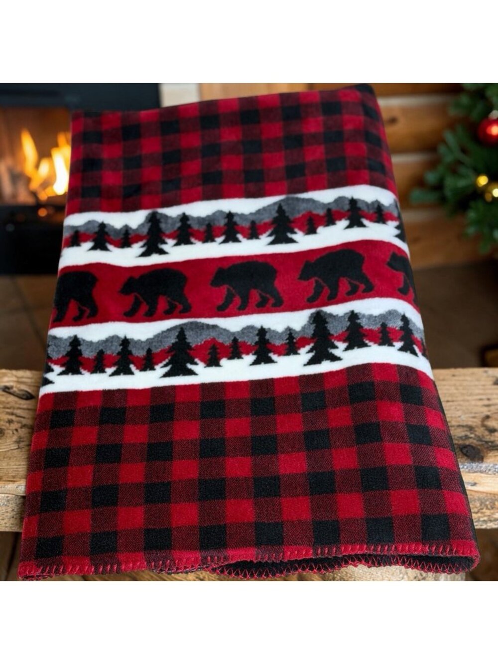 Denali Blanket Bears Red Buffalo Check Pattern Plush Pine Trees Cabincore